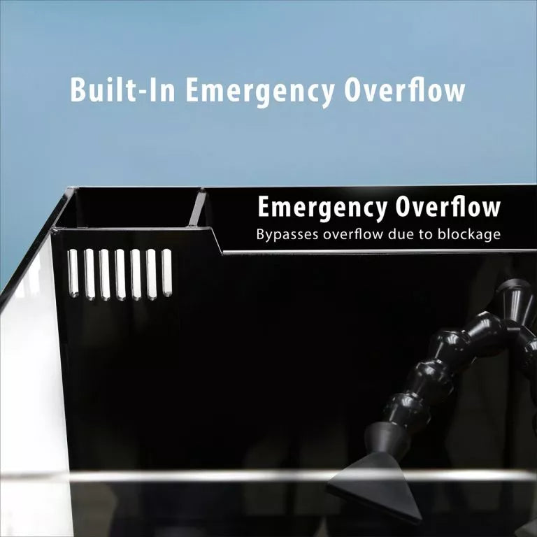 Close-up of the Innovative Marine - Fusion 20 Long aquarium tank corner showcasing a rimless design and built-in emergency overflow system. Text on the image says, Built-In Emergency Overflow: Bypasses overflow due to blockage, enhancing its sleek aesthetics.