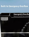 Close-up of the Innovative Marine - Fusion 20 Long aquarium tank corner showcasing a rimless design and built-in emergency overflow system. Text on the image says, Built-In Emergency Overflow: Bypasses overflow due to blockage, enhancing its sleek aesthetics.