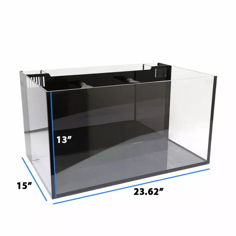 The Innovative Marine - Fusion 20 Long is a sleek, rimless aquarium with a clear rectangular design measuring 13 high, 15 wide, and 23.62 long. It includes an AIO filtration system with a black rear compartment and accommodates up to a 20-gallon total system volume for aquatic life.