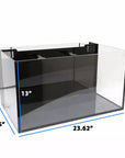 The Innovative Marine - Fusion 20 Long is a sleek, rimless aquarium with a clear rectangular design measuring 13 high, 15 wide, and 23.62 long. It includes an AIO filtration system with a black rear compartment and accommodates up to a 20-gallon total system volume for aquatic life.