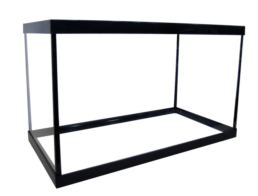 Against a white backdrop, a sleek black metal rectangular frame exudes minimalistic elegance. Resembling a simple stand, it mirrors the sturdy base required to support an Aquarium Masters 10-Gallon Glass Aquarium with its four legs and horizontal bars.