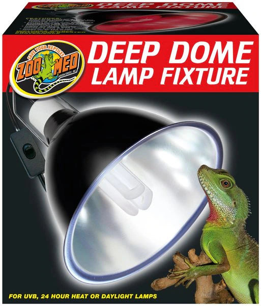 The Zoo Med - Deep Dome Fixture packaging showcases its ceramic base for UVB output, ideal for 24-hour heat or daylight lamps. It includes a sleek black reflector dome and a vibrant green reptile on a red box with bold white text.