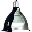 The Zoo Med - Deep Dome Fixture is a modern pendant light with a sleek, curved design in black and metallic silver. It hangs from a black cord, features a ceramic base with a partially enclosed dome, and showcases a clear bulb for beautiful illumination.