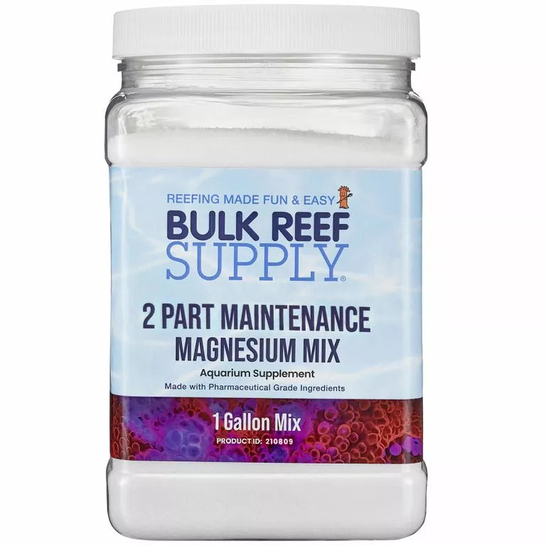 Container of Bulk Reef Supply Pharma Magnesium Mix for 2-Part Maintenance, an aquarium supplement, with the text Reefing Made Fun & Easy. The label notes it contains pharmaceutical-grade ingredients and is a 1-gallon mix designed to maintain calcium and alkalinity balance in reef tanks.