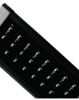 Close-up of the Aquarium Masters - Advance LED Lighting Systems 20, a black rectangular strip featuring small LED bulbs, ideal for marine fish aquariums. Enhanced by advanced technology, it has a silver end cap against a white background.