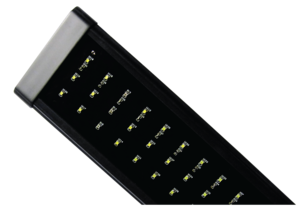 Close-up of the Aquarium Masters - Advance LED Lighting Systems 48 panel. Rows of tiny bulbs in a black and silver frame enhance color rendition. This angled view highlights the bulb arrangement, perfect for vibrant freshwater and marine fish aquariums.