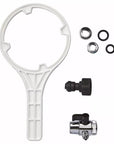 The components for the Bulk Reef Supply - RODI System - 4 Stage Value - 75 GPD, including a white plastic wrench, small chrome valve, black plastic fitting, two black O-rings, and two metal washers, are set on a white background to showcase typical Reverse Osmosis system parts like Mur-lok Push Connect fittings.