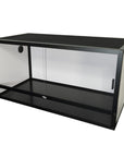 The 120-gallon Reptile Habitats enclosure, featuring a sleek black metal and glass design with sliding front doors and side ventilation holes, has an elegant rectangular aluminum frame set against a white background, providing stylish and functional housing for your reptilian pets.