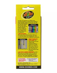 The yellow Zoo Med ReptiSun 10.0 UVB 13 Watt Desert packaging highlights a UV lamp for desert reptiles, featuring a UVB output chart and lamp distance guide. It includes ReptiSun replacement instructions and contact and caution details at the bottom.