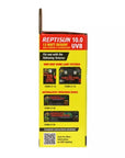 A side view of the Zoo Med ReptiSun 10.0 UVB 13 Watt Desert bulb box features a yellow design with red text, images of compatible fixtures for desert reptiles, terrarium hoods, and QR codes plus instructions at the bottom for accessing high UVB output details.