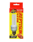 The Zoo Med ReptiSun 10.0 UVB 13 Watt Desert bulb package, in bright yellow and red, displays an image of the fluorescent bulb and a reptile, highlighting its high UVB output for desert reptiles.
