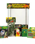 Explore the Zoo Med - Naturalistic Terrarium - Tropical Kit 12x12x18, perfect for tropical reptiles. It features a vertical terrarium, tropical lighting, artificial flora, amphibian care products, and terrarium moss with eye-catching packaging graphics and branding.