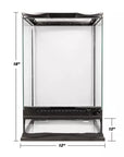 The Zoo Med Naturalistic Terrarium Tropical Kit 12x12x18 is a rectangular glass enclosure with a sleek black frame, ideal for tropical reptiles. It measures 18 inches high, 12 inches wide, and 12 inches deep, featuring a vertical design with an easy-access hinged top opening.