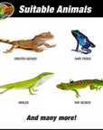 Image of four tropical reptiles and amphibians to keep as pets: Crested Geckos, Dart Frogs, Anoles, and Day Geckos. Enhance your experience with the Zoo Med Naturalistic Terrarium Tropical Kit 12x12x18. Logo in the top left corner. Text at the bottom reads: And many more!.