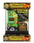 The Zoo Med Naturalistic Terrarium Tropical Kit 12x12X18, ideal for tropical reptiles, includes terrarium moss, a tropical lighting combo, and essentials. Its packaging features vibrant reptile images with green and yellow accents, perfect for vertical terrarium setups.