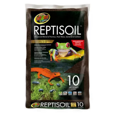 The ZooMed - Reptisoil 10 Qt is ideal for tropical reptiles and natural terrariums, with images of a frog and an orange lizard. The packaging emphasizes a blend of humus, peat moss, sand, and carbon.