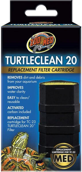 The Zoo Med - TurtleClean 20 Filter Cartridge comes in a black and blue box with text describing its function of removing debris and enhancing water clarity in aquariums, featuring an image of a turtle at the bottom.