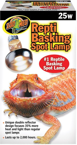 Image of a ZooMed - ReptiBasking Spot Lamp 25w box. The packaging displays a bearded dragon with its mouth open, highlighting the lamp as 25 watts. It promotes 35% more heat and light with a lifespan of up to 2,000 hours.