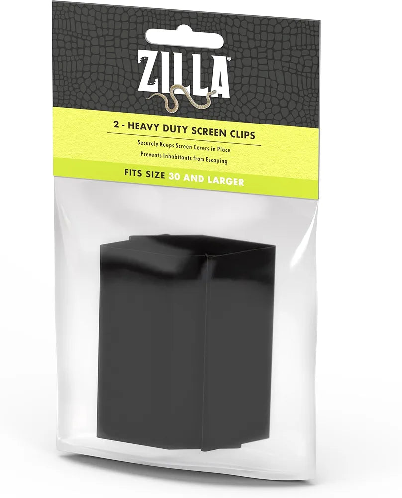 The clear package for Zilla Heavy Duty Screen Clips, suited for 30 gallons or larger, contains two black clips. The green label says, Securely keeps screen covers in place. Prevents inhabitants from escaping.