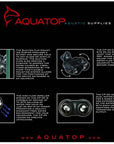 A vibrant AQUATOP aquatic supplies image spotlights their superior products, featuring the Circulating Pump CPS-24 and FP-24 impeller system, emphasizing efficient water movement in aquariums with brief descriptions of their unique features and benefits.