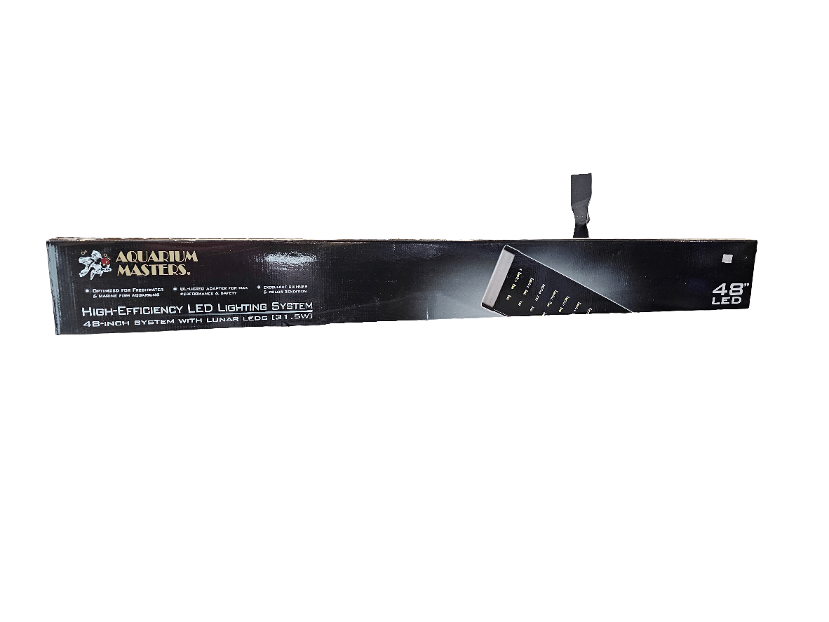 The Aquarium Masters - Advance LED Lighting System 48 comes in a long rectangular black box with white text, showcasing the lighting panel. With high-efficiency LUMAX LED L3.0 technology, its perfect for freshwater and marine fish aquariums, offering 48-60W power.