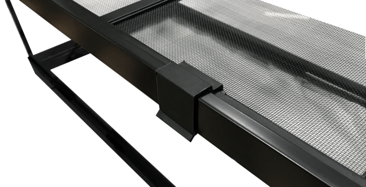 Introducing the Aquarium Masters Reptile Terrarium Screen Top: a sleek black metal mesh with a sturdy angular frame and central support bracket, ideal for industrial or architectural settings.