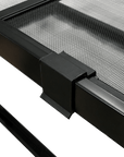 Close-up of the Aquarium Masters 10 Breeder Sliding Screen Top with a central hinge, mesh surface, and latch. The black metal frame is shown from a side angle, highlighting its sleek design and structural features for terrarium enclosures. Dimensions: 20x10x6.