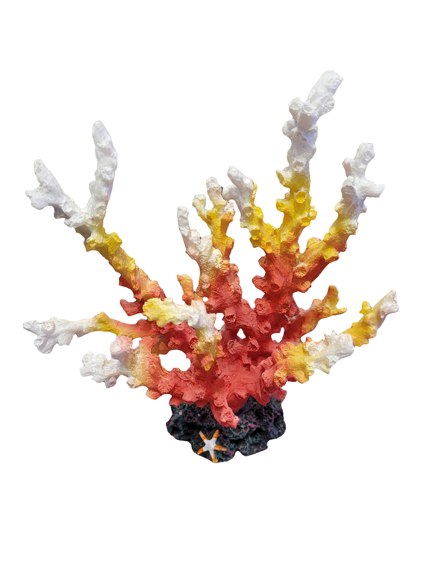 The Acropora Decor - White/Yellow/Red - Large 8in. features a vibrant coral sculpture with twisting branches in shades of white, yellow, and orange on a dark textured rock-like base. Its fanned-out structure creates an intricate, natural design.