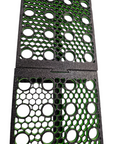 The Ao - Coral Frag Rack - Dovetail Linkable - PETG features two black perforated metal sheets with circular holes, showcasing a honeycomb pattern. Placed one above the other, they reveal a contrasting green surface through the design.