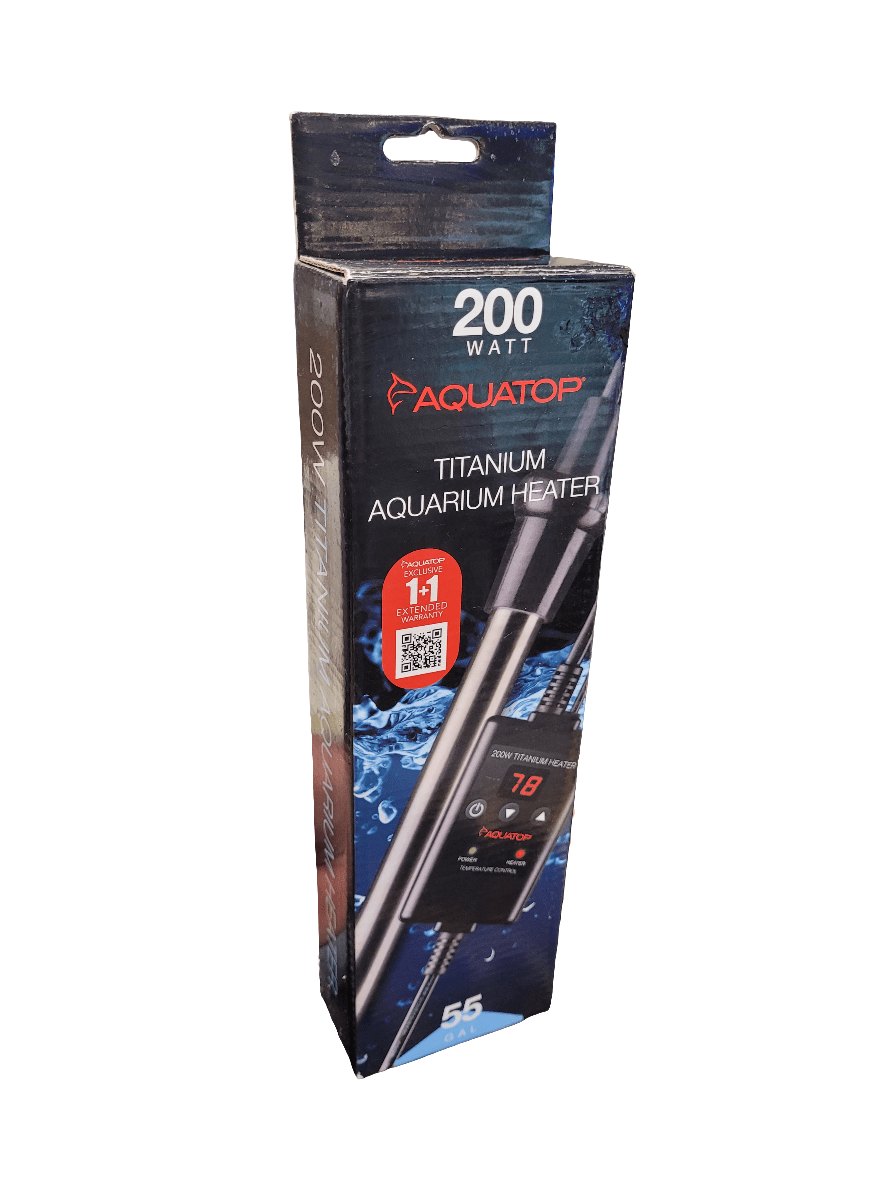 Aquatop - Titanium Aquarium Heater with Controller (200 watt) boxed with branding, revealing adjustable temperature settings, digital readout, and a blue water-themed graphic design.