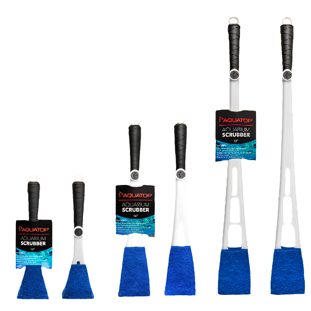 Five Aquatop Aquarium Scrubbers, each 22 with a black handle and blue pad, feature a silver shaft and display a tag reading Aquatop Aquarium Scrubber.