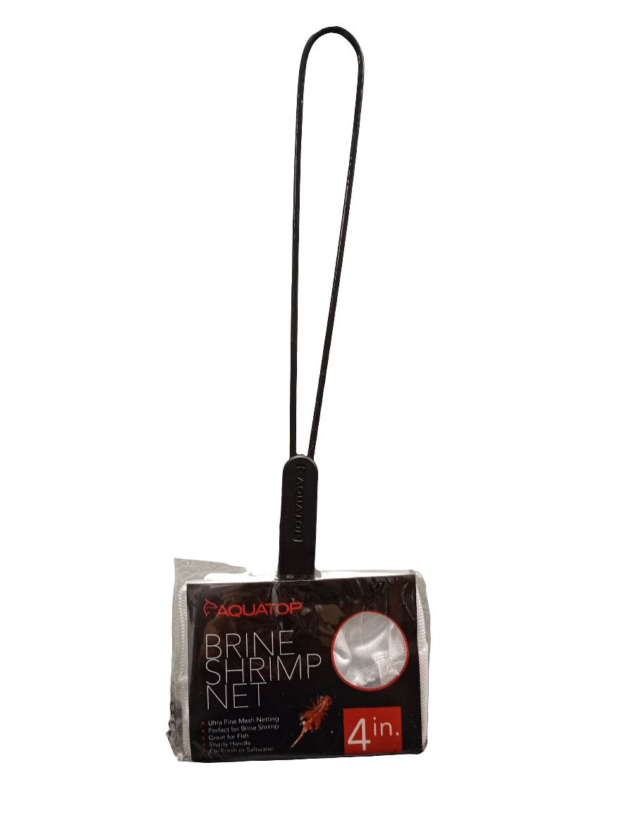 Presented against a white background is the Aquatop Brine Shrimp Net, featuring a 4-inch size with a sturdy handle and fine mesh netting. The packaging prominently displays the product image and brand name, making it clear that this compact tool is designed for efficient handling of brine shrimp in aquariums.