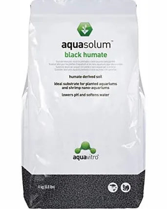 The Aquavitro Aquasolum Black Humate 8.8 lb bag features a white design with a green logo, indicating it’s perfect for planted aquariums and shrimp tanks, softens water, and lowers pH levels.