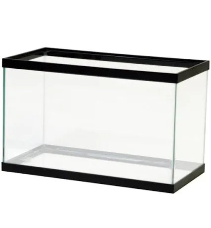 The Aqueon 2.5 Gallon Glass Aquarium is a clear, small rectangular tank featuring black trim on the top and bottom, set against a plain white background.