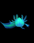 A GFP Albino Axolotl, with its feathery gills and elongated tail, swims gracefully against a dark backdrop. Its translucent body and luminescent blue and green hues lend it an ethereal appearance.