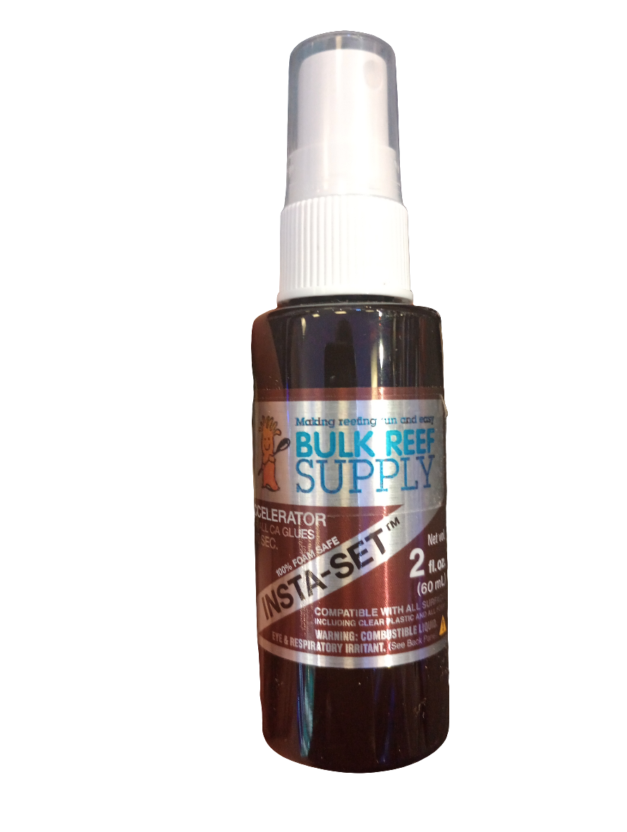 A spray bottle labeled BSI Accelerator Insta Set with a white nozzle, indicating its for cyanoacrylate glues. It holds 2 ounces (60 ml) and is noted as flammable and an irritant.