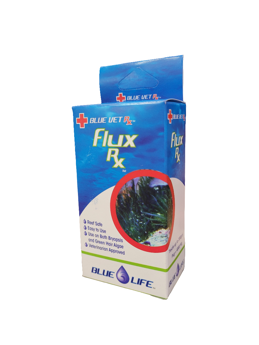 A blue and white Blue Vet - Flux Rx Algae Treatment box designed for 200-gallon aquariums, showcasing coral imagery and algae control, specifically targeting Bryopsis and Hair Algae. The Blue Life logo is prominently displayed at the bottom.