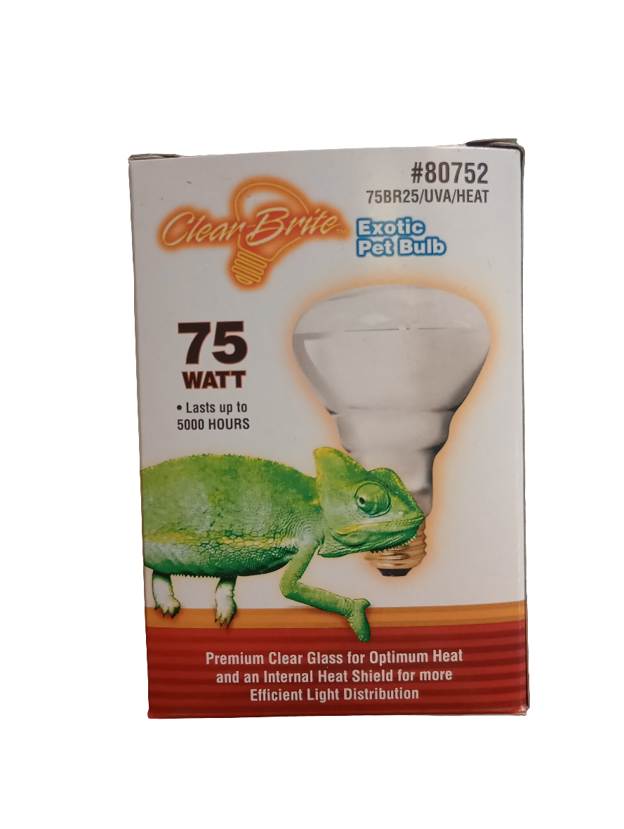 A box of Clear Brite Exotic Pet Bulb - Basking 75W, featuring a chameleon illustration, highlights its clear glass design for optimal heat and light efficiency. It's essential for maintaining a reptile's health with UVA rays support and lasts up to 5,000 hours.