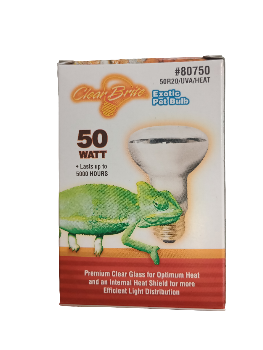 The packaging of Clear-Brite - Exotic Pet Bulb - Basking 50 Watt features a chameleon and bulb design, highlights a 50 Watt power rating, promises longevity of up to 5000 hours, and promotes optimal thermoregulation with clear glass for heat and ideal UVA ray distribution.