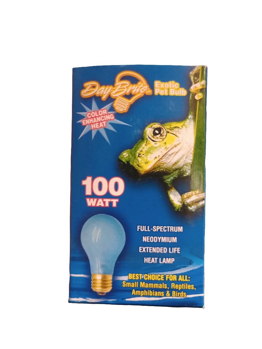 The Day-Brite Exotic Pet Bulb packaging features a lizard image and promotes its 100-watt, full-spectrum neodymium and extended-life heat lamp features. Perfect for reptiles, amphibians, and small mammals, it ensures excellent care for your exotic pets.