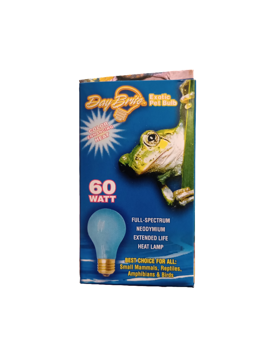 Box of Day-Brite Exotic Pet Bulb showcasing a frog, highlighting 60 Watt, Full-Spectrum Neodymium Extended Life Heat Lamp, and Best Choice for All: Reptiles, Amphibians, Small Mammals & Birds.