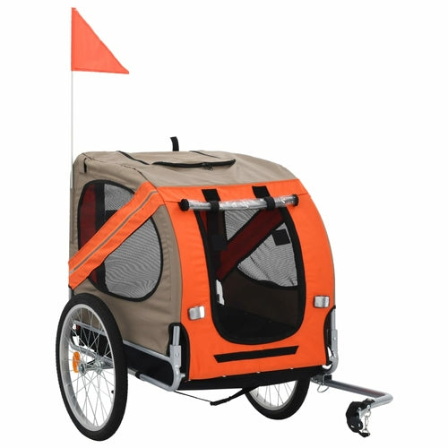 The Dog Bike Trailer Red and Black features a solid steel frame, mesh windows for ventilation, a small safety flag on top, and a quick-release hitch for easy bicycle attachment.