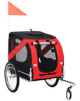 The Dog Bike Trailer Red and Black has a sturdy steel frame, two wheels, a mesh door, an orange safety flag at the back, and a quick-release hitch for easy bike attachment.