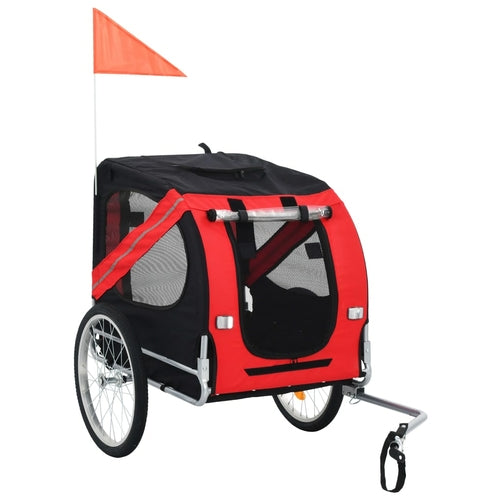 The Dog Bike Trailer Red and Black has a sturdy steel frame, two wheels, mesh windows, and a quick-release hitch. It also includes a small orange flag for added safety and convenience during rides.