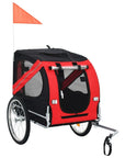The Dog Bike Trailer Red and Black has a sturdy steel frame, two wheels, mesh windows, and a quick-release hitch. It also includes a small orange flag for added safety and convenience during rides.