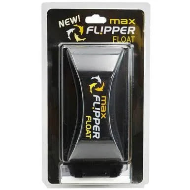 Packaging of a Flipper - Max Flipper Float aquarium cleaner in a clear plastic case. The black device features a curved design with white and yellow NEW! text and the product name on the packaging.