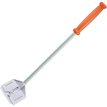 The Flipper Platinum Aquarium Scraper 18 features a long silver handle with an orange grip and a square metal end with engraved symbols for branding. It imprints designs onto surfaces when heated, ensuring ease of use.