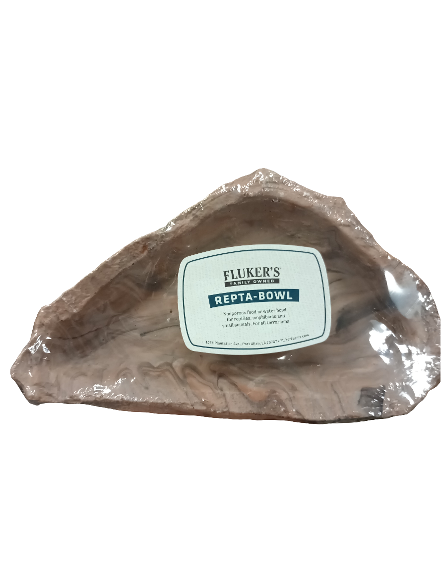 A brown, rock-textured reptile food or water bowl labeled Flukers Repta Bowl LG is encased in clear plastic packaging.