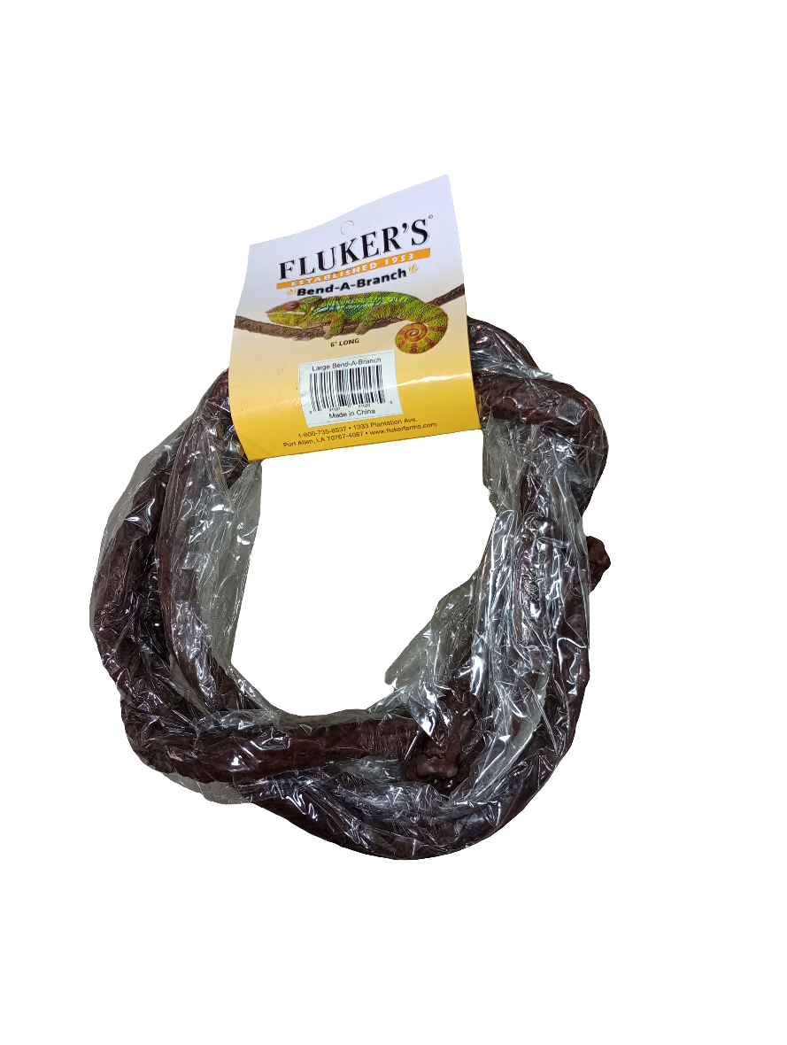 A coiled vine-like decoration is wrapped in clear plastic packaging with a yellow label reading Flukers Bend A Branch 6.
