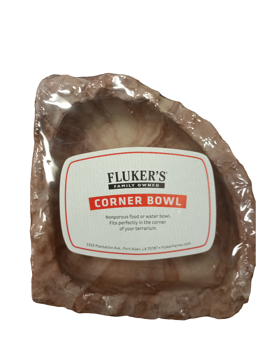 Triangular brown pet feeding bowl in clear packaging, labeled Flukers Corner Bowl MED, for reptile terrarium use.